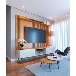 Rack Bancada Ambiente Classic 2 Gavetas Com Painel Para Tv Suspenso Ripado Loft 1.8 Off White Nature - Imcal