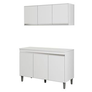 Balcão De Cozinha Manu Com Tampo 120 Cm E Armário Aéreo Andréia Branco Brilho - Ajl