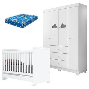 Berço Americano Cafuné E Guarda Roupa Infantil Ane Branco Brilho Com Colchão Ortobom - Phoenix Baby