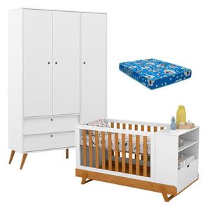 Berço Multifuncional Bkids Com Guarda Roupa 3 Portas Gold Branco Freijó Eco Wood E Colchão - Matic