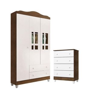 Cômoda Gaveteiro E Guarda Roupa Ariel Branco Acetinado Amadeirado - Carolina