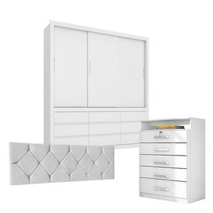 Quarto De Casal Guarda Roupa Detroit E Cômoda Triunfo Com Cabeceira Mariana 140 Cm Branco - Demóbile