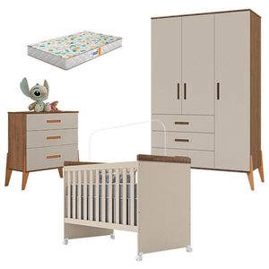 Quarto De Bebê Gaveteiro Emilly 3p E Berço Mini Cama Lívia Off White Carvalho Com Colchão Gazin