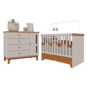Berço Americano Mini Cama Com Gaveta E Cômoda Infantil Antonella Off White Caramelo - Canaã