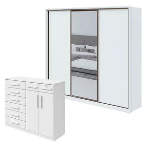 Guarda Roupa Spazio 270 Com Espelho E Cômoda Toronto Branco Brilho - Lopas