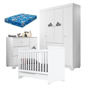 Quarto De Bebê Ane Com Berço Americano Cafuné Branco Brilho E Colchão Ortobom - Phoenix Baby