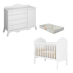 Berço Americano E Cômoda 1 Porta Realeza Branco Acetinado Com Colchão Gazin - Canaã