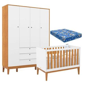 Berço Americano E Guarda Roupa Unique 4 Portas Branco Soft Freijó Eco Wood Com Colchão Ortobom