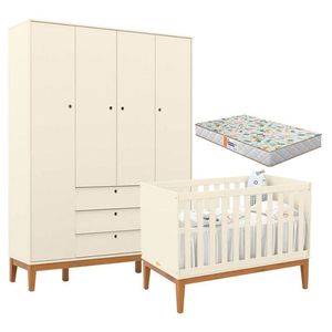 Berço Americano E Guarda Roupa Unique 4 Portas Off White Eco Wood Com Colchão Gazin - Matic