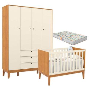 Berço Americano E Guarda Roupa Unique 4 Portas Freijó Off White Eco Wood Com Colchão Gazin - Matic