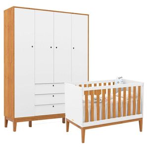 Berço Americano E Guarda Roupa Unique 4 Portas Branco Soft Freijó Eco Wood - Matic