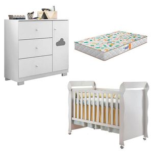Berço Americano Mirelle E Cômoda Infantil Ane Branco Brilho Com Colchão Gazin - Phoenix Baby