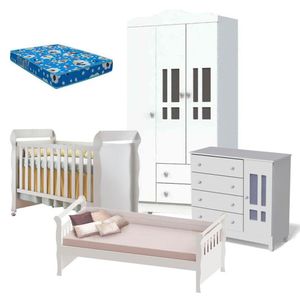 Quarto De Bebê Ariel 3 Portas Berço Mirelle Com Colchão E Cama Babá Julia Branco Brilho - Carolina