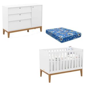 Berço Americano E Cômoda Sapateira Unique Branco Soft Eco Wood Com Colchão Ortobom - Matic