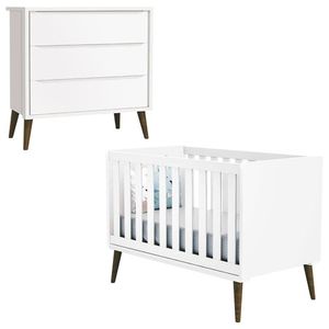 Conjunto Berço Americano Theo Infantil em MDF Branco Acetinado com Pés Amadeirado e Cômoda Gaveteiro