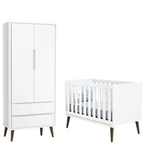 Berço Americano e Guarda Roupa 2 Portas 2 Gavetas Infantil Theo em MDF 90 cm Branco Acetinado Reller Móveis