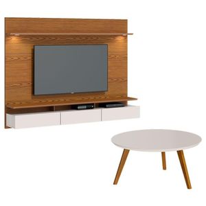 Painel Suspenso Decore 2.2 Com Mesa De Centro Classic Redonda Freijó Off White - Imcal