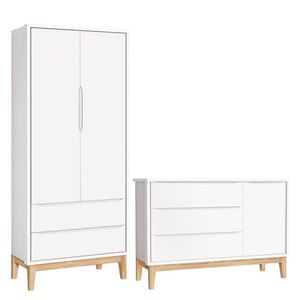 Cômoda Com Porta E Guarda Roupa Infantil 2 Portas New Classic Branco Com Pés Madeira Natural - Reller