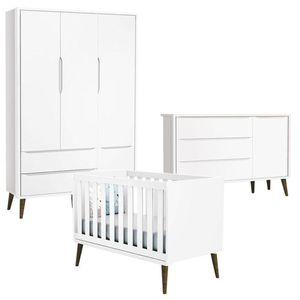 Quarto De Bebê Theo 3 Portas Com Cômoda Com Porta Branco Acetinado Com Pés Amadeirado - Reller