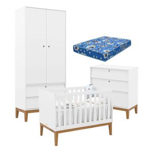 Quarto De Bebe Unique 2 Portas Com Cômoda Gaveteiro Branco Soft Eco Wood E Colchão Ortobom - Matic