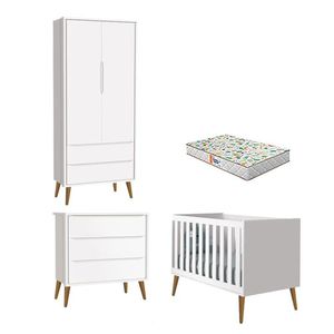 Quarto De Bebê 2 Portas E Cômoda Gaveteiro Theo Branco Pés Amadeirados Com Colchão Gazin - Reller