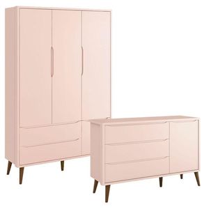Guarda Roupa Infantil 3 Portas E Cômoda Theo 1 Porta Rosa Com Pés Amadeirados - Reller