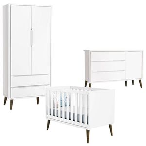 Quarto De Bebê Theo 2 Portas Com Cômoda Com Porta Branco Acetinado Com Pés Amadeirado - Reller