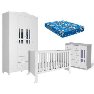 Quarto De Bebê 4 Portas Ariel Branco Brilho Com Colchão Ortobom - Carolina