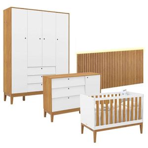 Quarto De Bebê Unique 4 Portas Com Cômoda Sapateira E Painel Ripado Com Led Branco Soft Freijó Eco Wood - Matic