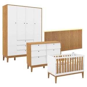 Quarto De Bebê Unique 4 Portas Com Cômoda 6 Gavetas E Painel Ripado Com Led Branco Soft Freijó Eco Wood - Matic