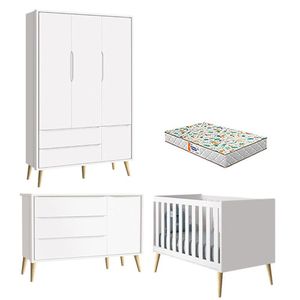 Quarto De Bebê 3 Portas Theo Branco Pés Madeira Natural Com Colchão Gazin - Reller