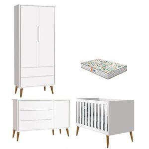 Quarto De Bebê 2 Portas Theo Branco Pés Amadeirados Com Colchão Gazin - Reller