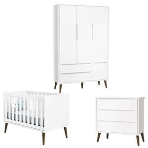 Quarto De Bebê Theo 3 Portas Branco Acetinado Com Pés Amadeirado - Reller