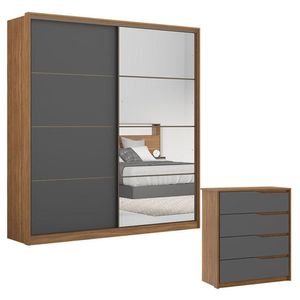 Cômoda Atria E Guarda Roupa Casal Belga 2 Portas 1 Porta Em Espelho Amendola Grafito Flex Demârtez