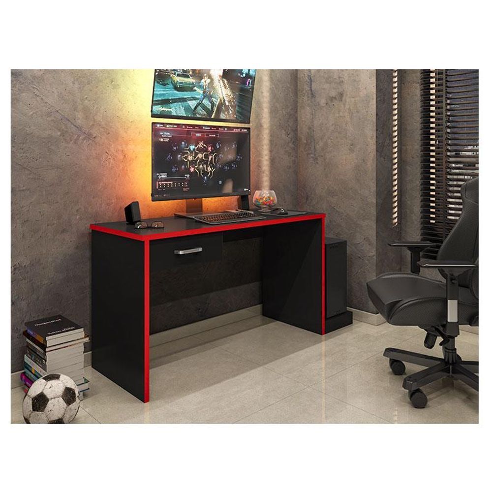 Mesa Para Computador Gamer Ambiente Drx 9000 Preto Trama Vermelho - Móveis Leão
