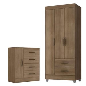 Guarda Roupa Solteiro 3 Portas E Cômoda 4 Gavetas E 1 Porta Lite Carvalho Oak - Móveis Leão