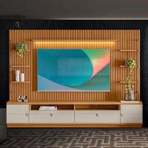Rack Para Sala Com Painel Ripado Modulado 75 Polegadas Nature Off White Jm Móveis