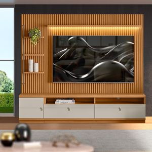 Rack Com Painel Para Sala Ripado Modulado 75 Polegadas Nature Off White Jm Móveis