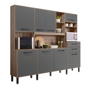 Armário De Cozinha Completa 8 Portas 2 Gavetas Pés Com Regulagem Carvalho Nature Cinza Agana Jm M