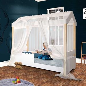 Cama Montessori Solteiro Branco Com Voal Branco Jhulia Divaloto