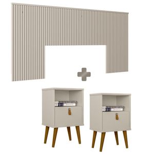 Kit Para Quarto Cabeceira Queen Casal Ripada Com 2 Mesas De Cabeceira Off White Jm Móveis