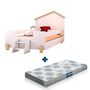 Cama Casinha Montessori Infantil Com Escadinha Branco Ayla E Colchão Probel Guarda Costas