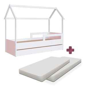 Bicama Casinha Montessori Com 2 Colchões Solteiro Branco Rosa Sorriso Jm Móveis