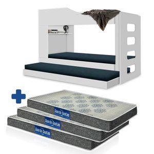 Beliche Solteiro Com Cama Auxiliar 100% Mdf Branco Hibisco Incabrás Com 3 Colchões Probel D20