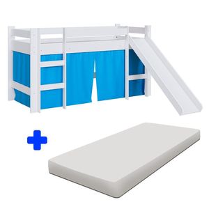 Cama Elevada Infantil Solteiro Com Colchão Escorregador Branco E Cortina Azul Secreto 93 X 202 Cm