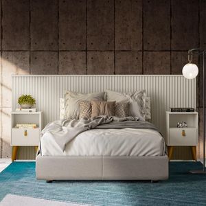 Conjunto Quarto Cabeceira Queen Casal Ripada Com 2 Mesas De Cabeceira Off White Jm Móveis