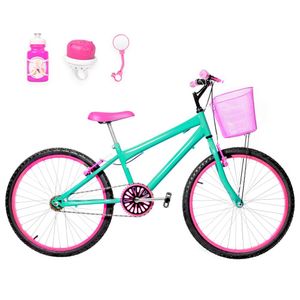 Bicicleta Feminina Aro 24 Alumínio Colorido + Kit Passeio Cor Verde água E Pink
