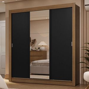 Guarda-roupa Casal 3 Portas De Correr Com Espelho 2 Gavetas Rustic/preto Sublime Madesa Rustic/preto