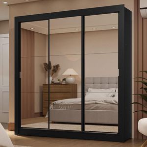 Guarda-roupa Casal 3 Portas De Correr De Espelho 2 Gavetas Preto Sublime Madesa Preto
