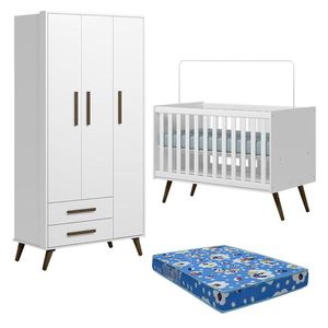 Berço Americano 3820 E Guarda Roupa 3830 Q Encanto Retrô Branco Acetinado Colchão - Qmovi